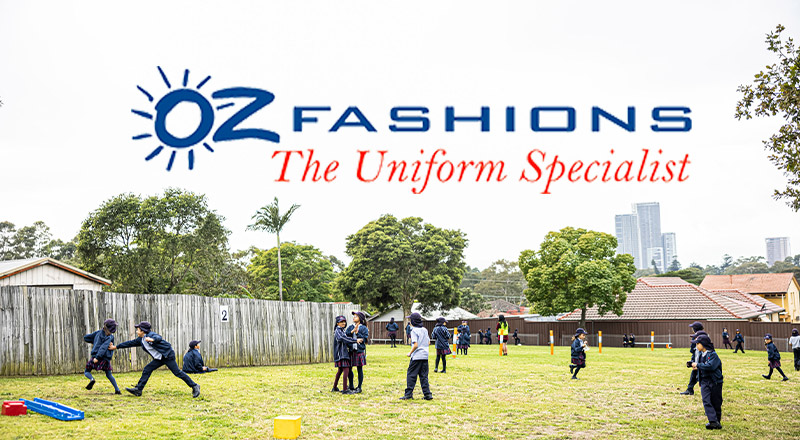 Sacred Heart Catholic Primary School Westmead students running on playground under OzFashions logo